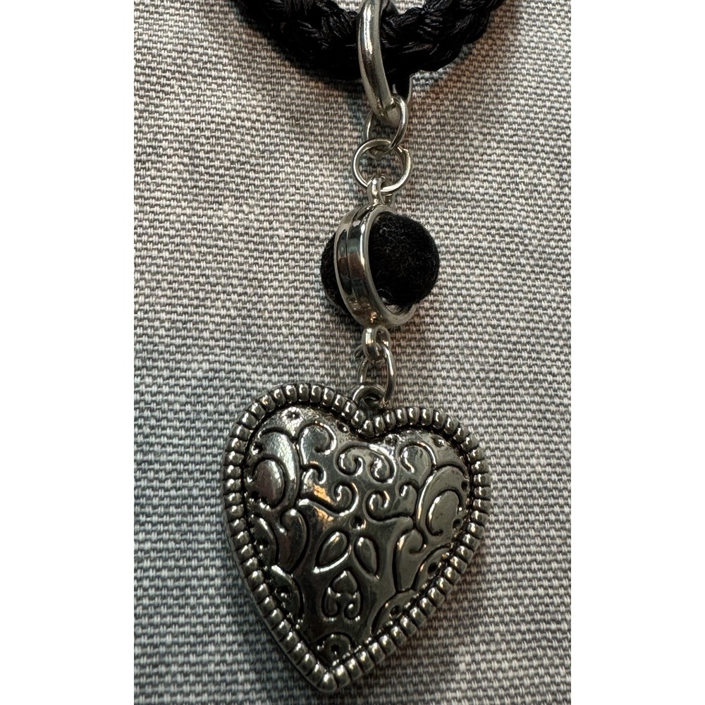Black Braided Cord 10" Long Necklace With Silver Tone Puff Heart Pendant